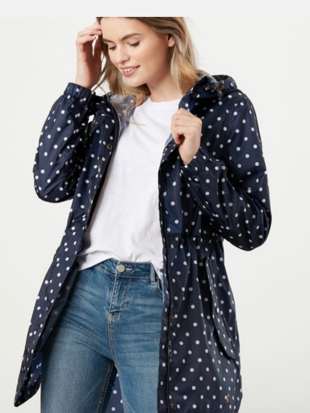 Joules Golightly Navy and White Polka Dot Spot Packable Rain Jacket - 8